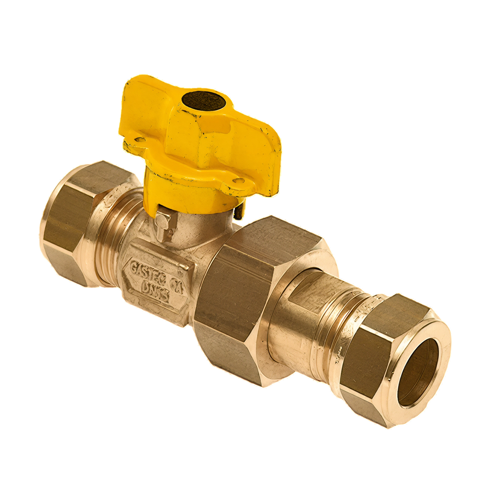 Gaskogelkraan 22 mm. knel x 15 mm. koppeling knel