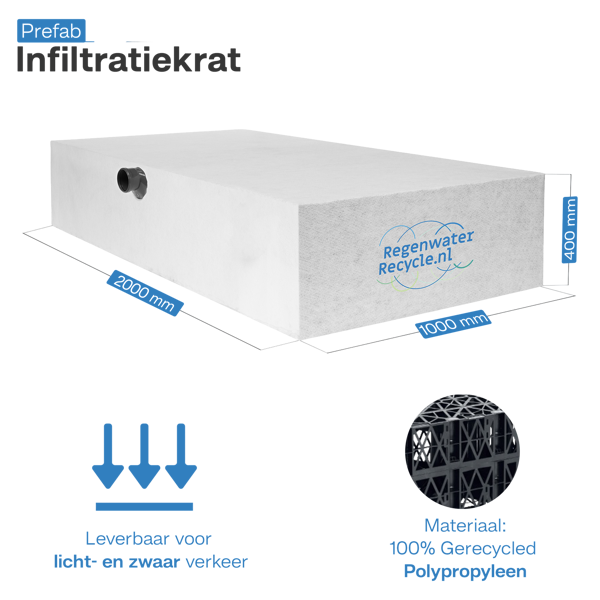 Prefab infiltratiekrat 800L, incl. aansl. 200x100x40 cm LBH